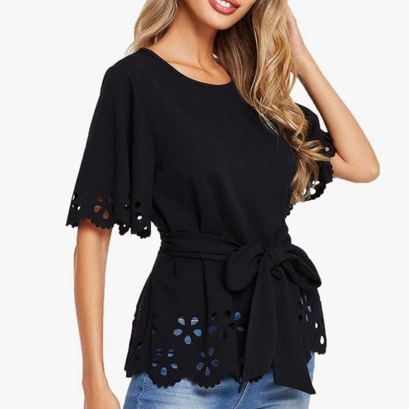 Black Laser Cut Tie Waist Peplum Blouse XXL Bohemian Feminine Romantic - Picture 13 of 13